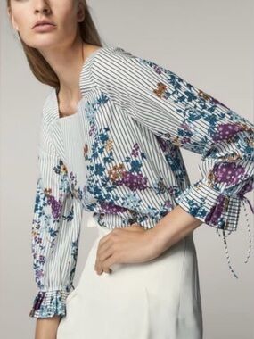 Massimo Dutti Striped Floral Square Neck Long Sleeve Tie Cuff Blouse Size 10